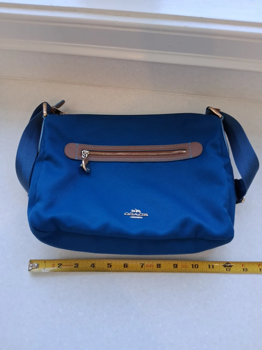 Coach Blue Nylon Crossbody with Brown Trim and Gold Hardware